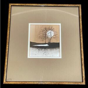 Massey Watercolor Painting Print Moonlit Trees Signed & Framed Michigan Fine Art